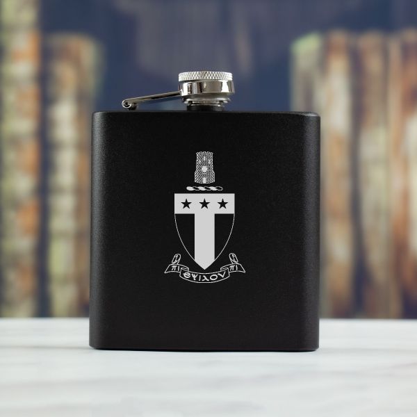 Personalized 6oz Matte Black Powder Coated Stainless Steel FSK602 Custom Engraved Alpha Tau Omega Coat of Arms