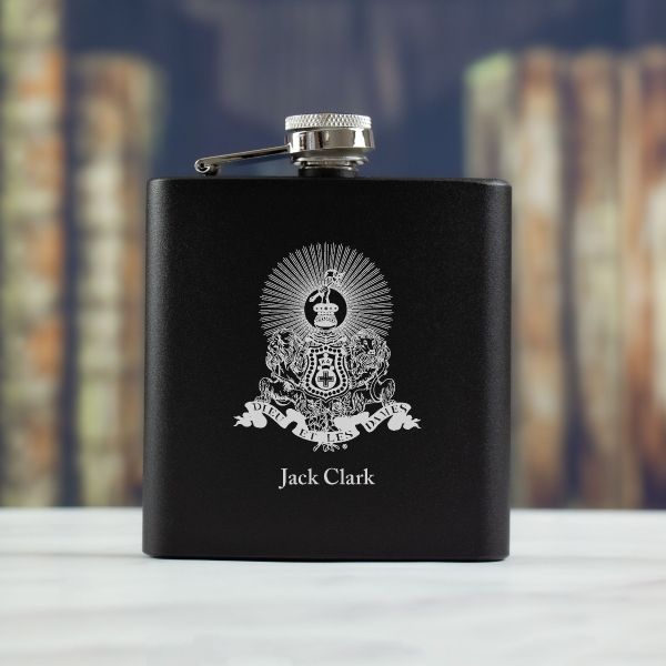 Personalized 6oz Matte Black Powder Coated Stainless Steel FSK602 Custom Engraved Kappa Alpha Coat of Arms