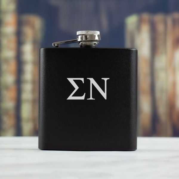 Personalized 6oz Matte Black Powder Coated Stainless Steel FSK602 Custom Engraved Sigma Nu
