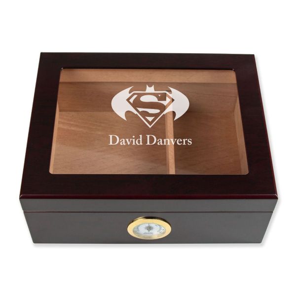 Personalized Cigar Humidor - Engraved Batman and Superman Logo Design - Man Cave Gift Ideas - Gifts For Him