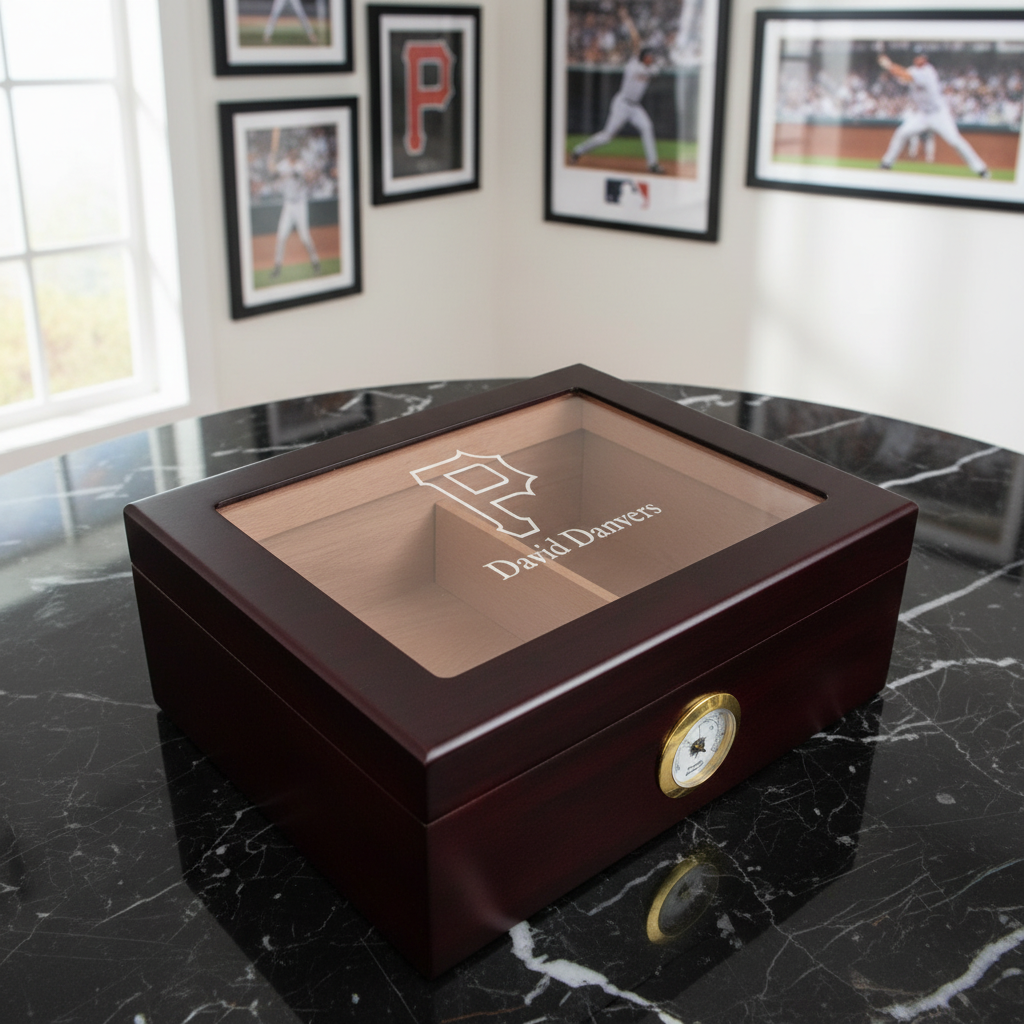 Personalized Cigar Humidor - Engraved Pirates Vintage P Baseball Team Logo Design