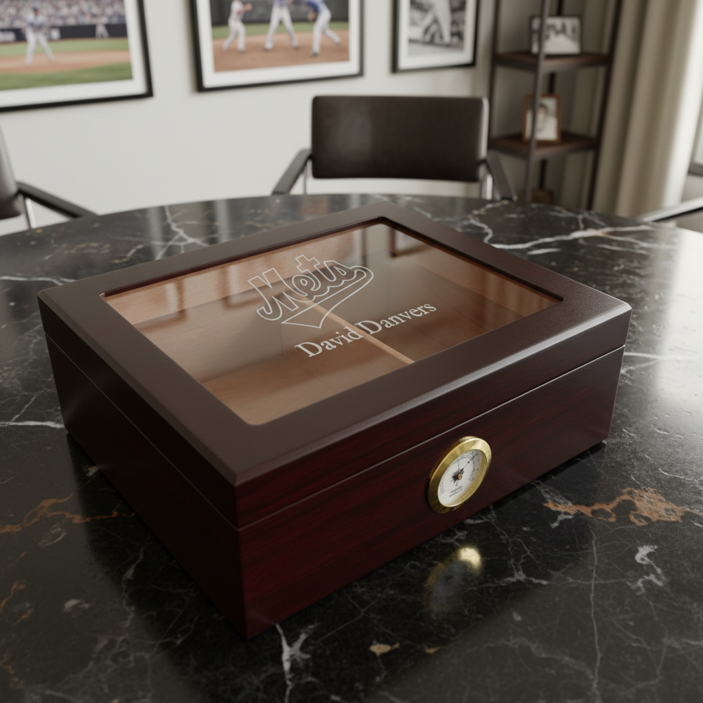 Personalized Cigar Humidor - Engraved NY Mets Baseball Team Logo Design