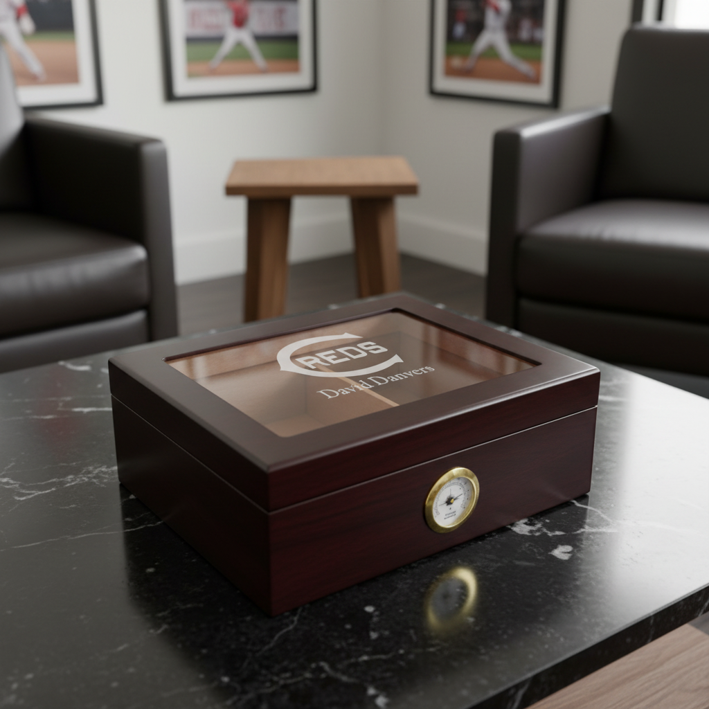 Personalized Cigar Humidor - Engraved Cincinnati Reds Baseball Team Logo Design