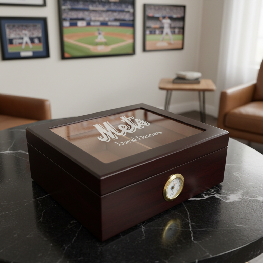 Personalized Cigar Humidor - Engraved Mets Logo Baseball Team Logo Design