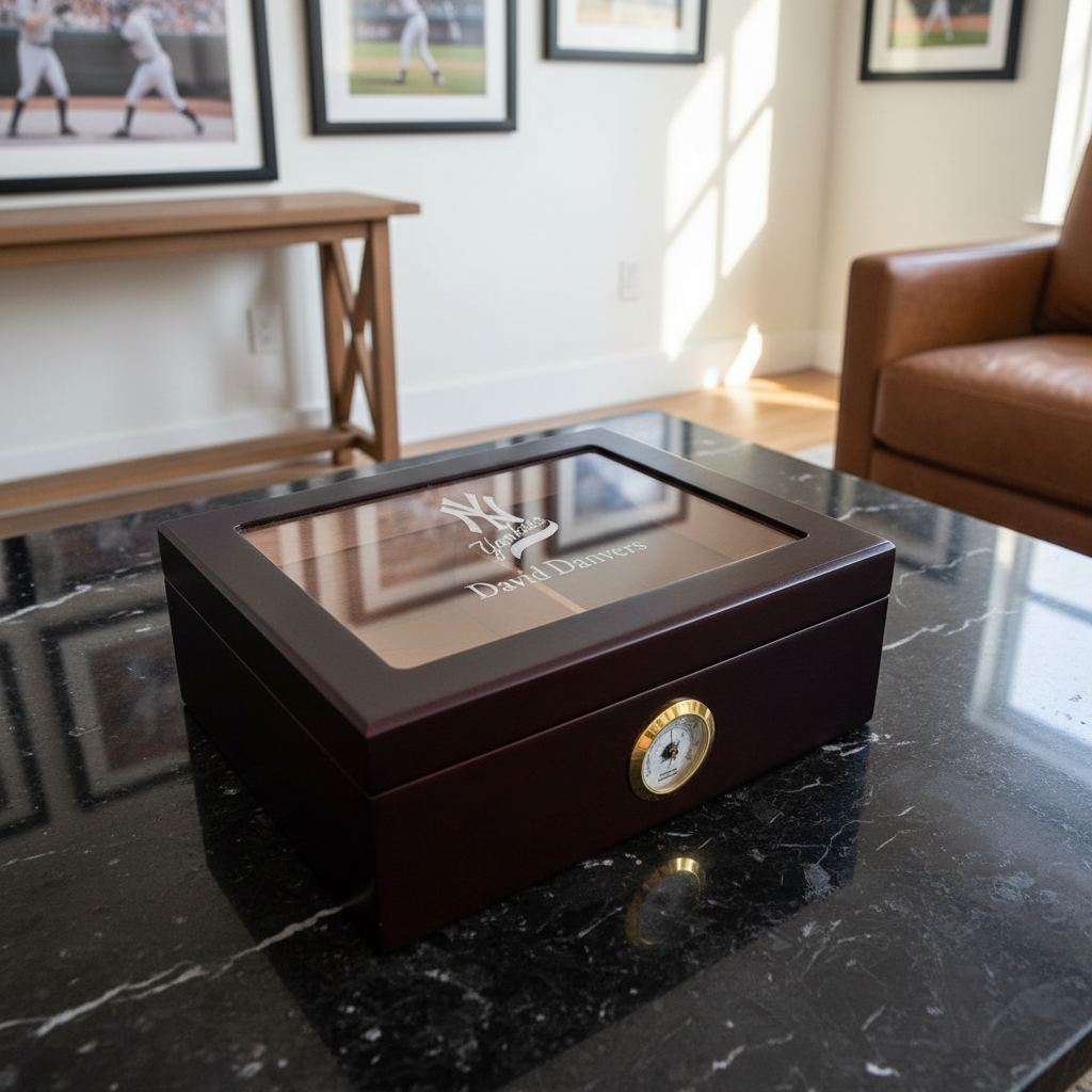 Personalized Cigar Humidor - Engraved NY Yankees Logo Baseball Team Logo Design