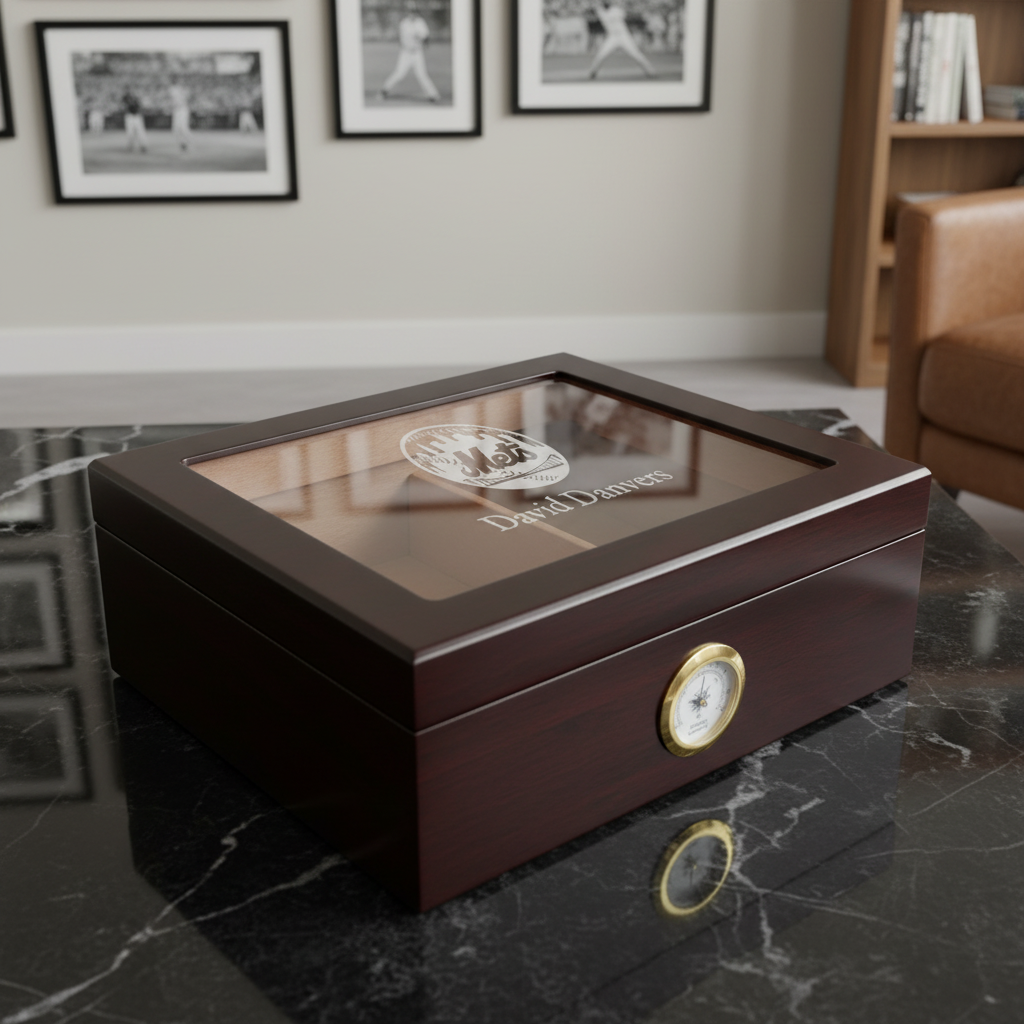 Personalized Cigar Humidor - Engraved Mets Round Logo Baseball Team Logo Design