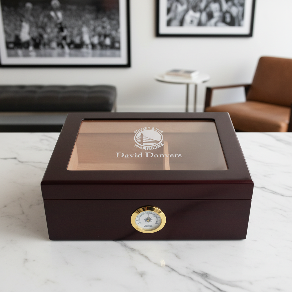 Personalized Cigar Humidor - Engraved Golden State Warriors Basketball Team Logo Design
