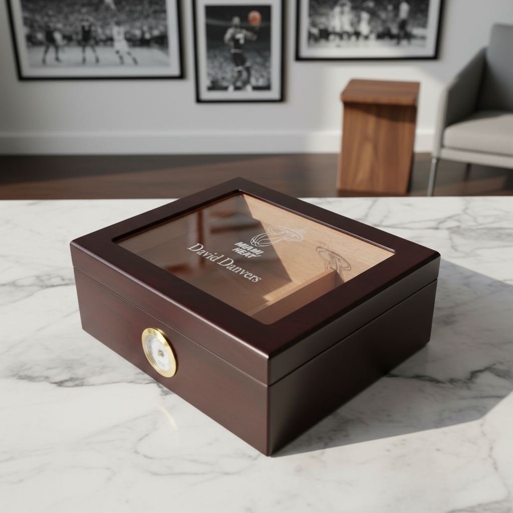 Personalized Cigar Humidor - Engraved Miami Heat Basketball Team Logo Design