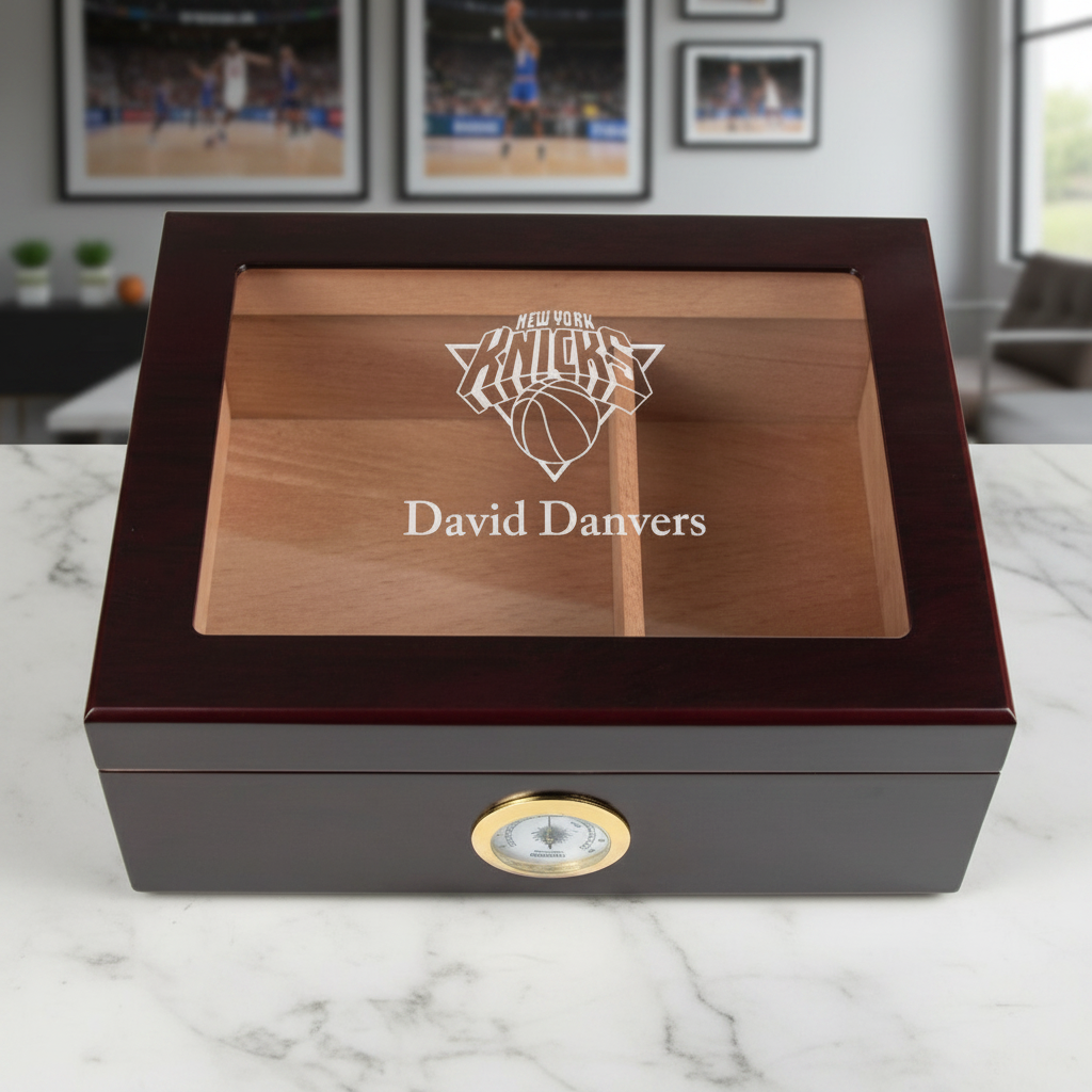 Personalized Cigar Humidor - Engraved New York Knicks Basketball Team Logo Design