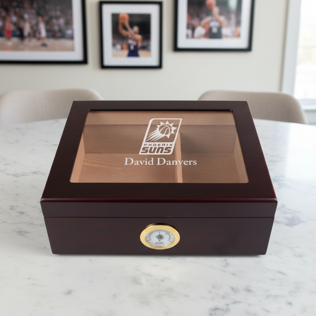 Personalized Cigar Humidor - Engraved Phoenix Suns Basketball Team Logo Design
