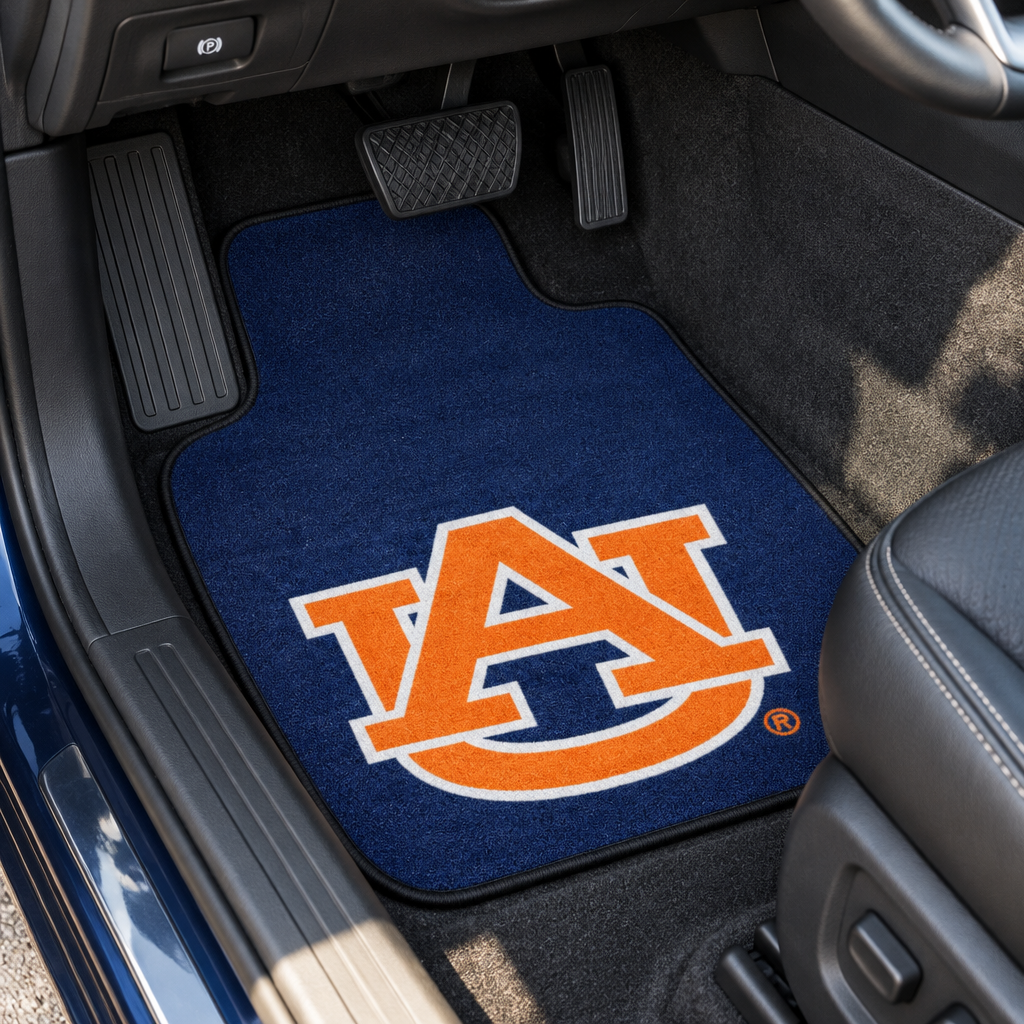 Two blue car floor mats with orange and white logo on a white background