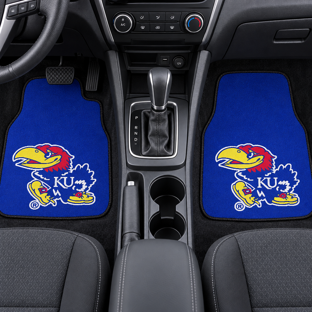Two blue car mats with a colorful logo and 'KU' text on a white background