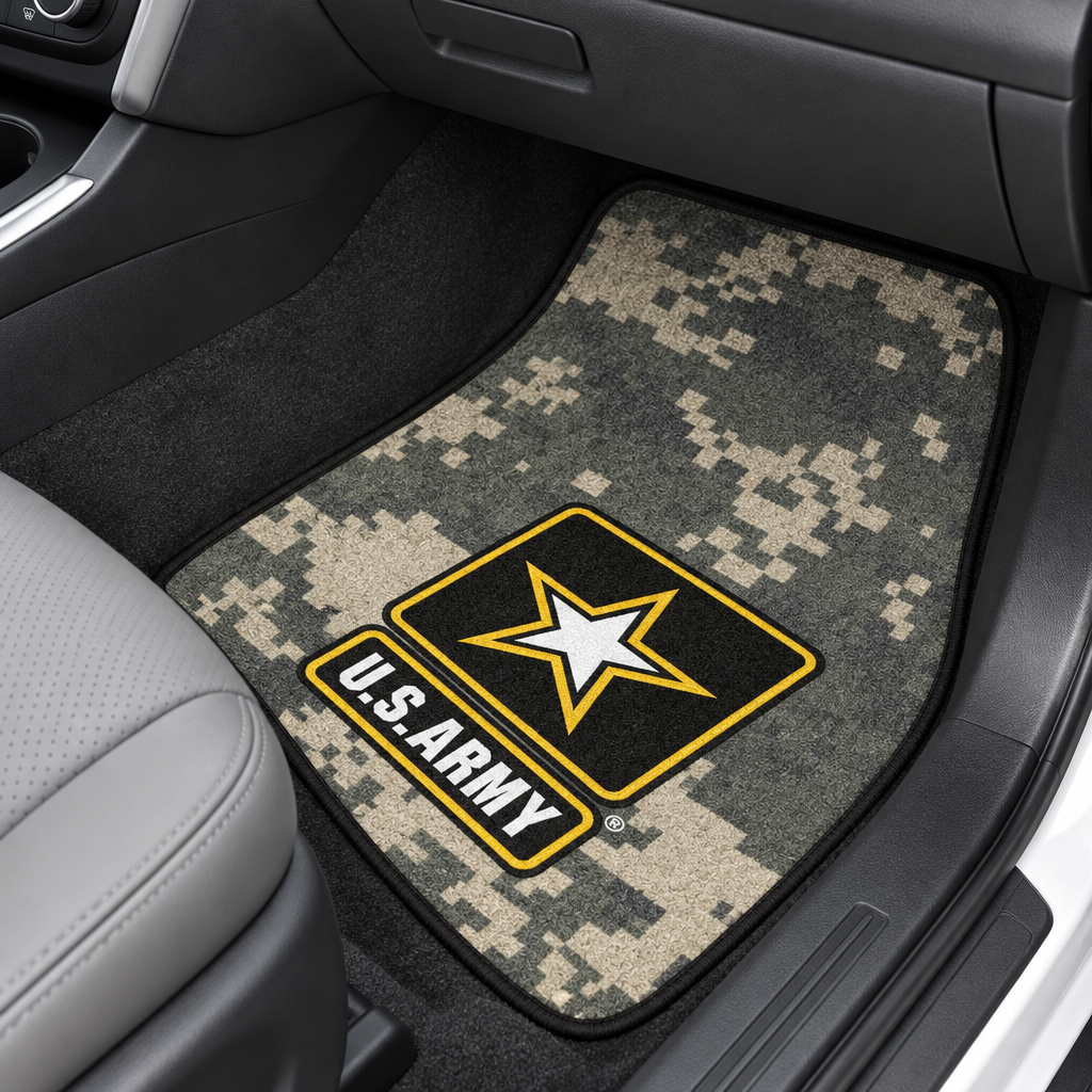 U.S. Army logo on a set of car floor mats with digital camouflage pattern