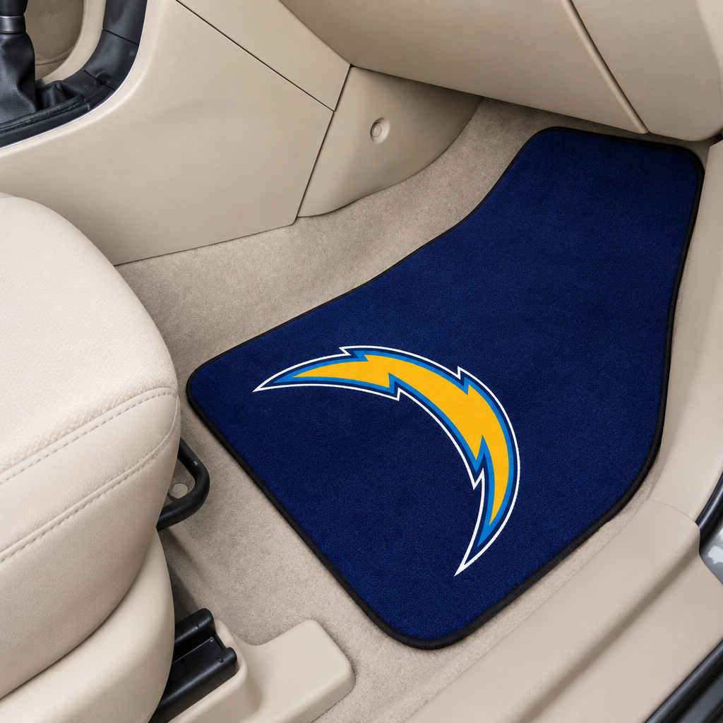 Car floor mat with a logo on a car's interior