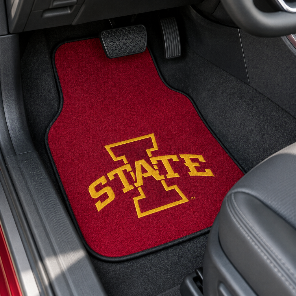 Two red car floor mats with yellow 'Iowa State' logo on a white background