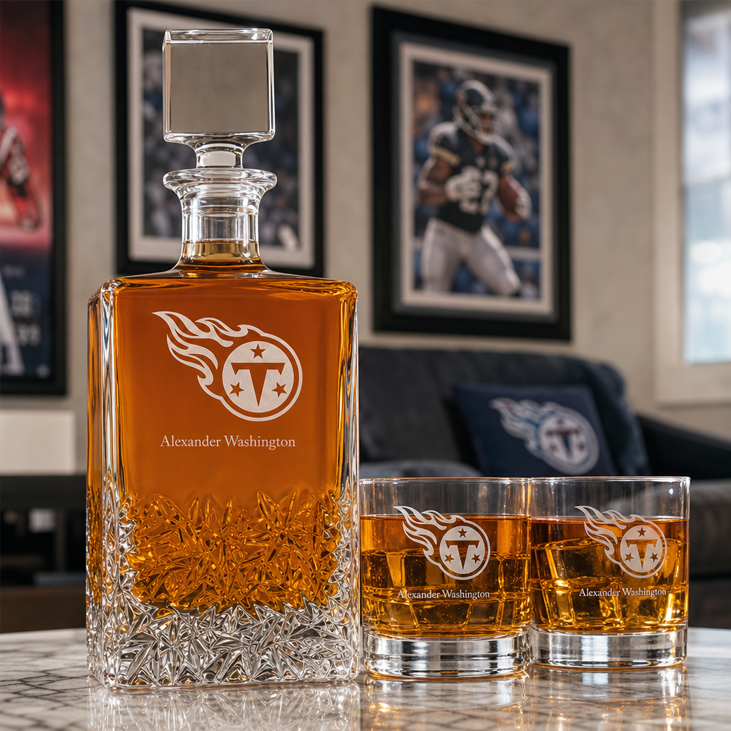 Personalized Tennessee Titans - Personalized Excalibur Decanter Set with Whiskey Glasses - Man Cave Gifts - Gifts for Him