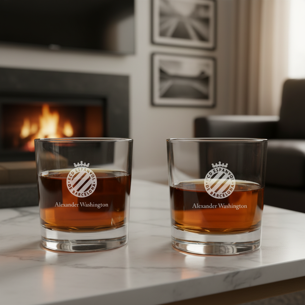 Engraved RCD Espanyol Rocks Glass - La Liga Spain Football - Personalized Whiskey Glasses - Man Cave Gift Ideas - Gifts For Him - Soccer Fanatic - 2pcs