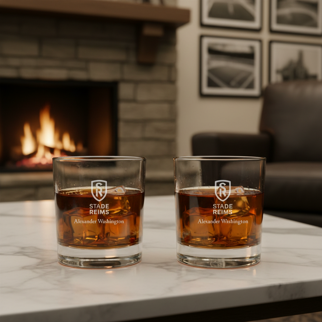 Engraved Stade de Reims Rocks Glass - Ligue 1 France Football - Personalized Whiskey Glasses - Man Cave Gift Ideas - Gifts For Him - Soccer Fanatic - 2pcs