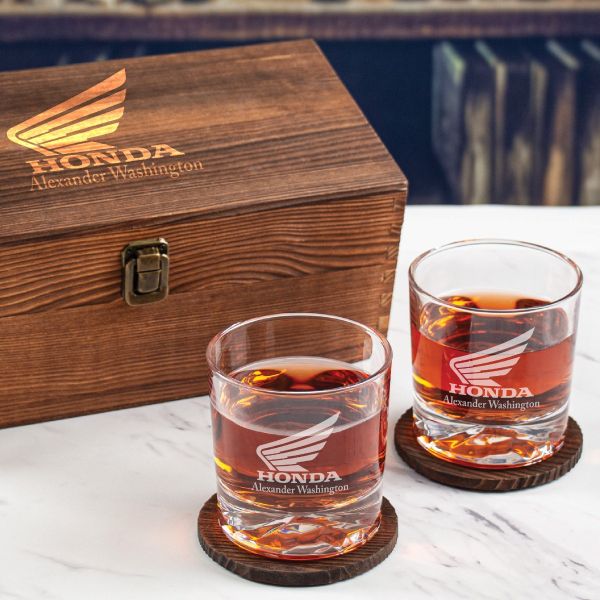 Custom Engraved Honda - Personalized Whiskey Glasses In Wood Gift Box