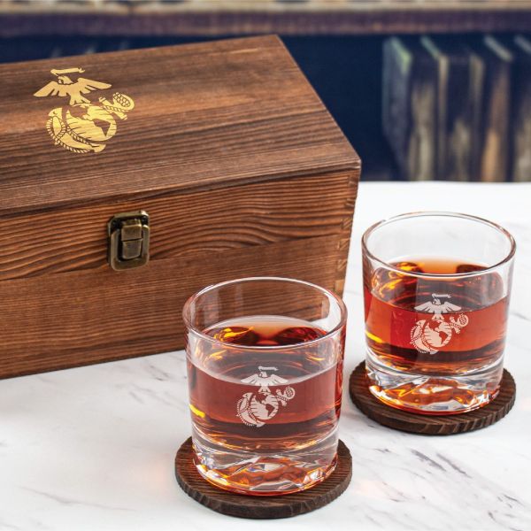 Custom Engraved MARINES - Personalized Whiskey Glasses In Wood Gift Box