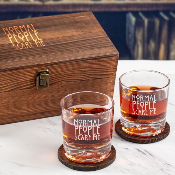 Custom Engraved Normal People Scare Me - Personalized Whiskey Glasses In Wood Gift Box