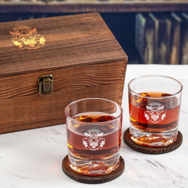 Custom Engraved Volunteer Fire Fighter with Mask - Personalized Whiskey Glasses In Wood Gift Box