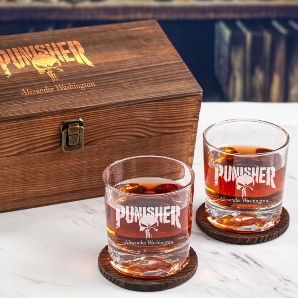 Custom Engraved Punisher - Personalized Whiskey Glasses In Wood Gift Box