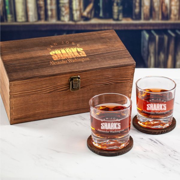 Custom Engraved San Jose Sharks - Personalized Whiskey Glasses In Wood Gift Box