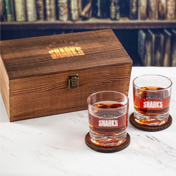 Custom Engraved San Jose Sharks - Personalized Whiskey Glasses In Wood Gift Box