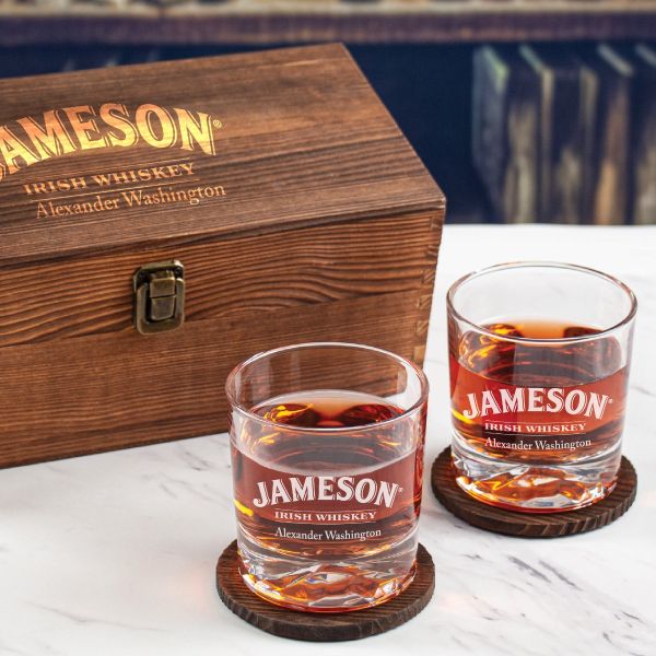 Custom Engraved Jameson - Personalized Whiskey Glasses In Wood Gift Box