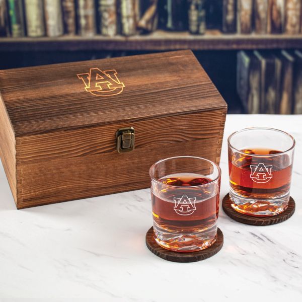 Custom Engraved Auburn University Initials - Personalized Whiskey Glasses In Wood Gift Box