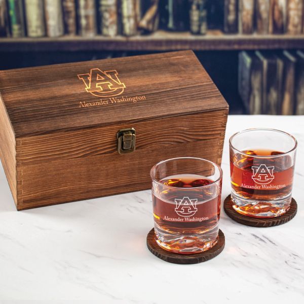 Custom Engraved Auburn University Initials - Personalized Whiskey Glasses In Wood Gift Box
