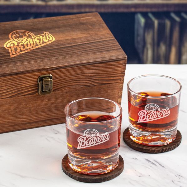 Custom Engraved Bemidji State Beavers Football - Personalized Whiskey Glasses In Wood Gift Box