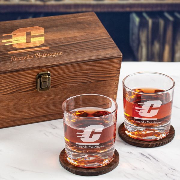 Custom Engraved Central Michigan Chippewas University - Personalized Whiskey Glasses In Wood Gift Box