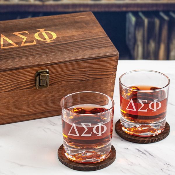 Custom Engraved Delta Sigma Phi - Personalized Whiskey Glasses In Wood Gift Box