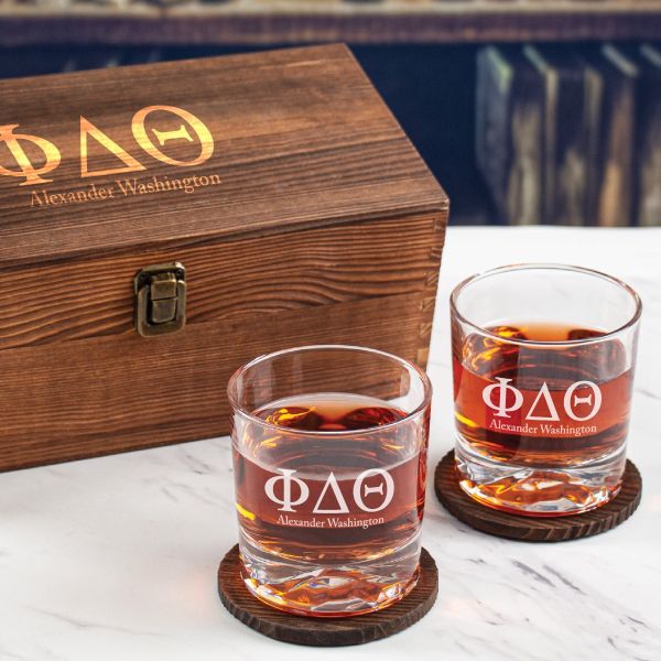 Custom Engraved Phi Delta Theta - Personalized Whiskey Glasses In Wood Gift Box
