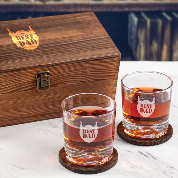 Custom Engraved Best Beard Dad - Personalized Whiskey Glasses In Wood Gift Box