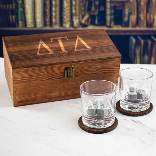Custom Engraved Delta Tau Delta - Personalized Whiskey Glasses In Wood Gift Box
