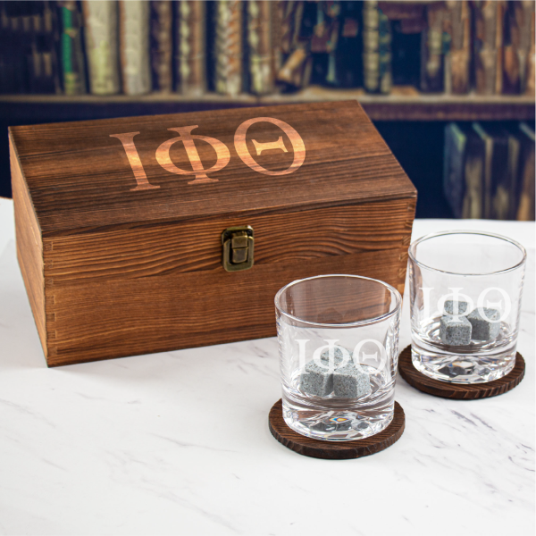 Custom Engraved Iota Phi Theta - Personalized Whiskey Glasses In Wood Gift Box