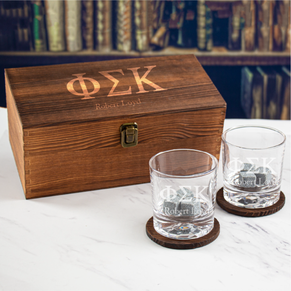 Custom Engraved Phi Sigma Kappa - Personalized Whiskey Glasses In Wood Gift Box
