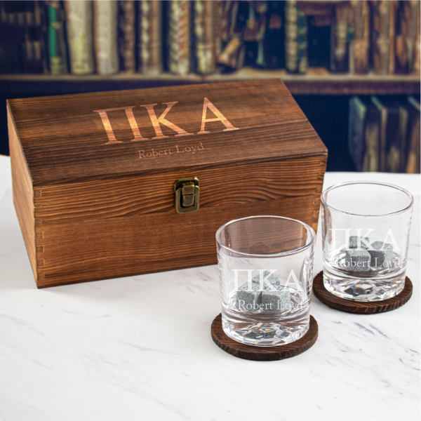 Custom Engraved Pi Kappa Alpha - Personalized Whiskey Glasses In Wood Gift Box