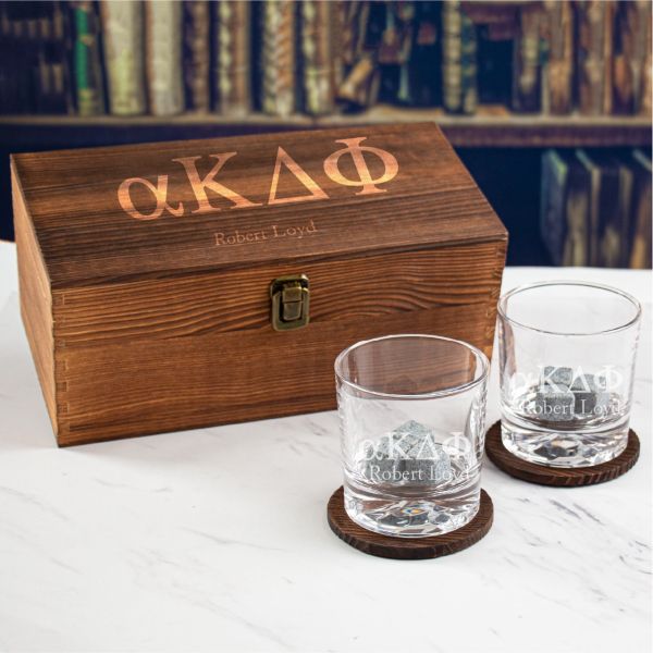 Custom Engraved Alpha Kappa Delta Phi - Personalized Whiskey Glasses In Wood Gift Box