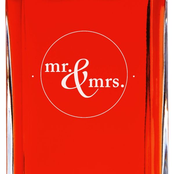Custom Engraved Mr. & Mrs. Circle Stamp No. 2 - Personalized Whiskey Decanter In Wood Gift Box
