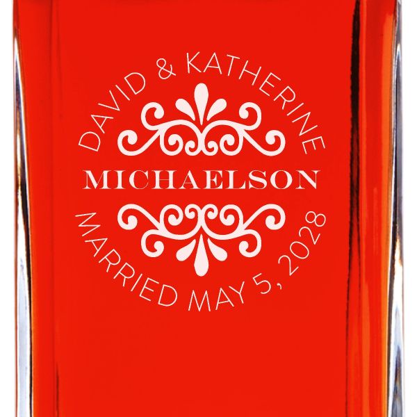 Custom Engraved Flourish Name Stamp - Personalized Whiskey Decanter In Wood Gift Box