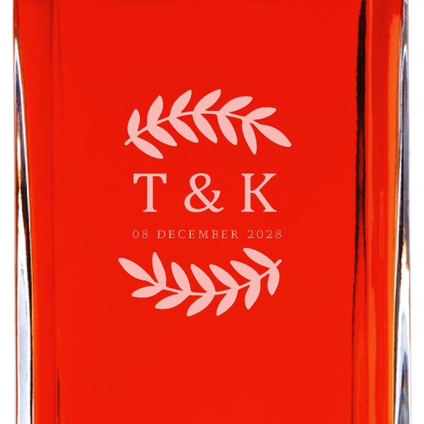 Custom Engraved Laurel Leaf Large Type Initials - Personalized Whiskey Decanter In Wood Gift Box