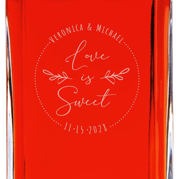 Custom Engraved Love is Sweet Circle Stamp - Personalized Whiskey Decanter In Wood Gift Box