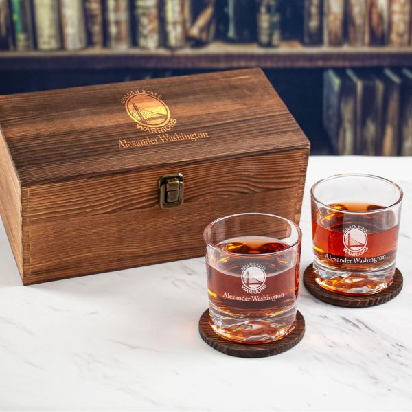 Custom Engraved Golden State Warriors Round Emblem - Personalized Whiskey Glasses In Wood Gift Box