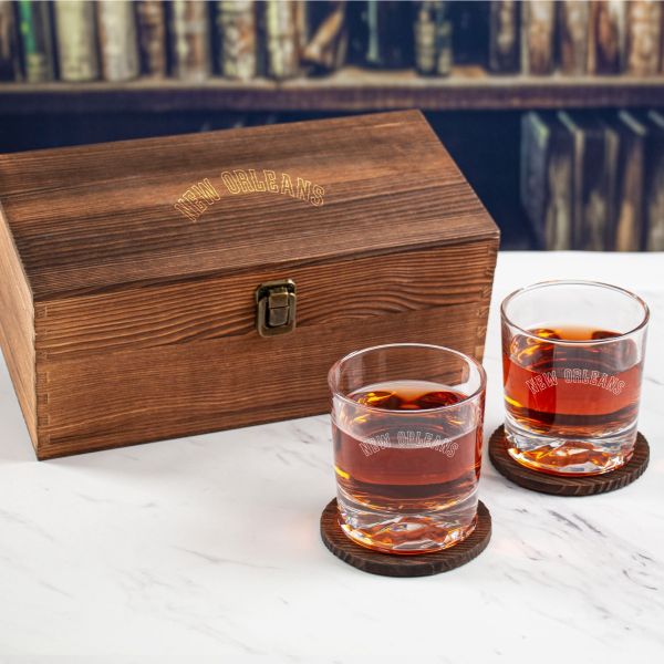 Custom Engraved New Orleans - Personalized Whiskey Glasses In Wood Gift Box