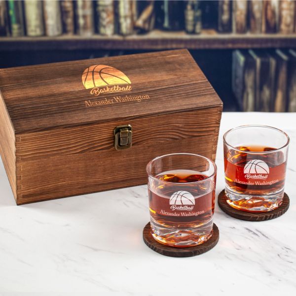 Custom Engraved Basketball Logo - Personalized Whiskey Glasses In Wood Gift Box