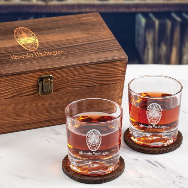 Custom Engraved - Police Badges - Personalized Whiskey Glasses In Wood Gift Box-LA Detective Police Badge